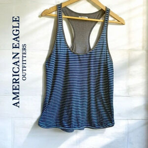 American Eagle Outfitters Navy & Turquoise Striped Racerback Tank Top, XL